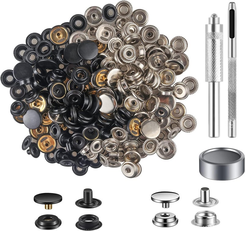 Moocci 5/8 inch (15mm) Leather Snap Fastener Kit Tool 200 Pcs (50 Sets) Snaps for Leather Stainless Snap Buttons for Bag, Jeans, Clothes, Fabric (Silver+Black) - Image 1